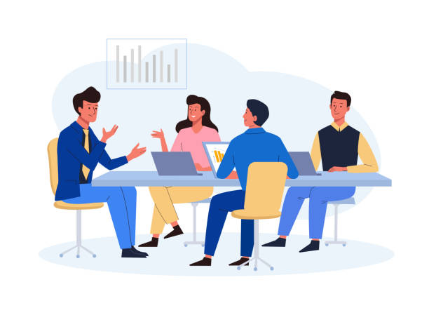 Business people sitting around table. Team group talking with leader Business people sitting around table. Team group of men and women talking with leader. Teamwork, negotiation concept. Vector illustration in flat style conference table stock illustrations