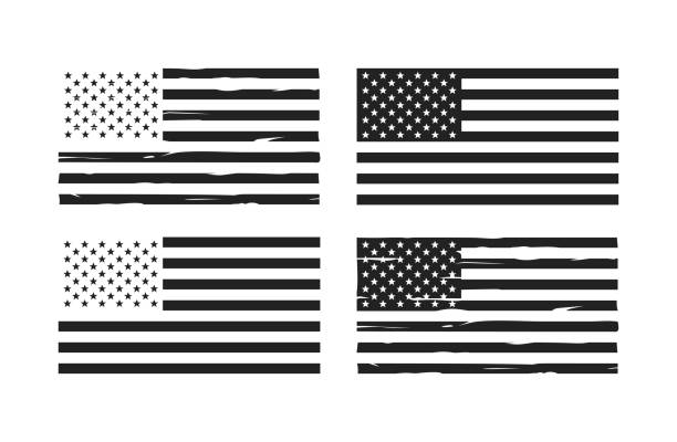 ilustraciones, imágenes clip art, dibujos animados e iconos de stock de silueta de la bandera estadounidense, serigrafía trasera y blanca de la bandera de los estados unidos, día de la independencia cuatro de julio. ilustración patriótica vectorial - american flag
