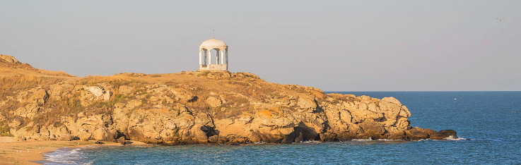 Rock with famous church Agios Ioannis Kastri on Skopelos island, Greece, where scenes of 'Mamma Mia!' movie were filmed.