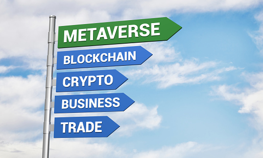 Metaverse Road Direction Signs On Blue Sky Background. Business Concept