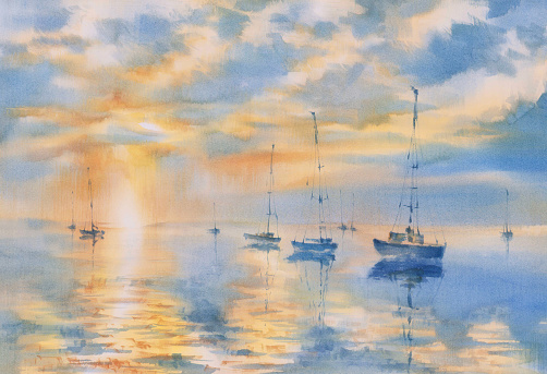 Evening mist by the lake with clouds and ships watercolor background. Autumn illustration