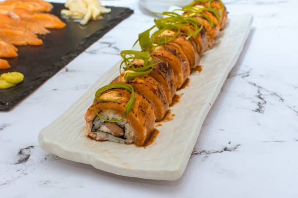 istock Tray of Sushi On A White Marble Table 1391463873
