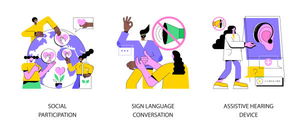 Social engagement abstract concept vector illustrations. Social engagement abstract concept vector illustration set. Social participation, sign language conversation, assistive hearing device, hand alphabet, deaf people, gesture language abstract metaphor. sign language icon stock illustrations