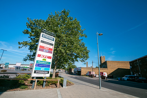 Strood Retail Park at Commercial Rd in Rochester, England, with many famous businesses visible.