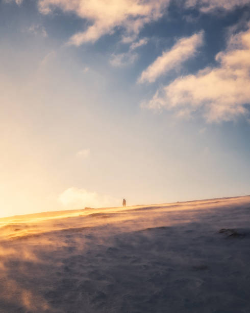 Climber man hiking on top of snow covered hill in the sunset Solitary climber man hiking on top of snow covered hill in the sunset on winter at Norway irish travellers photos stock pictures, royalty-free photos & images