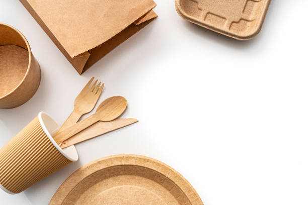 istock Disposable eco friendly brown cardboard and wood products. 1391466713