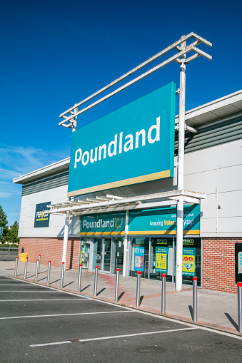 A franchise with several chain stores throughout the UK, this is Poundland Retail Store on Strood Retail Park at Commercial Rd in Rochester, England