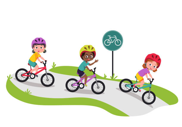 ilustrações de stock, clip art, desenhos animados e ícones de happy little kids on a bike. children cycling outdoors in helmet. - helmet bicycle little girls child