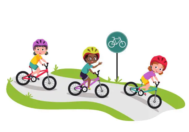 Vector illustration of Happy little kids on a bike. Children cycling outdoors in helmet.