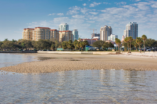 Downtown St, Petersburg Waterfront from Northshore Park on a low tide.