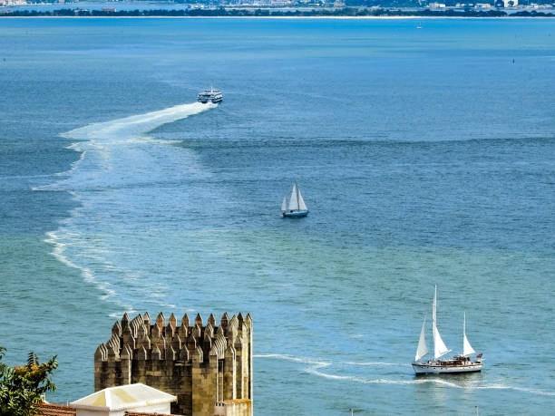 Blue Tagus River, Lisbon, Portugal, with sailboats and ancient tower