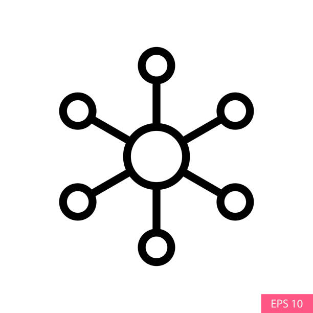 ハブとスポーク、ネットワーク接続、ウェブサイトデザイン、アプリ、ui、白い背景に分離されたラインスタイルデザインの中央データベースベクトルアイコン。編集可能なストローク。eps 1 - network connection plug点のイラスト素材／クリップアート素材／マンガ素材／アイコン素材