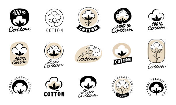 illustrations, cliparts, dessins animés et icônes de ensemble d’étiquettes et de badges en coton. icône vectorielle, autocollant, tampon, étiquette avec fleur pour magasin de vêtements - coton