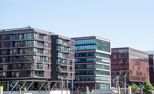 Facades of modern buildings in the city of Hamburg Germany.