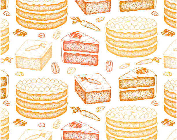 白い背景に分離されたオレンジ色のニンジンケーキのスケッチ描画パターン。輪郭を描いた壁紙 - engraving old fashioned cake food点のイラスト素材／クリップアート素材／マンガ素材／アイコン素材