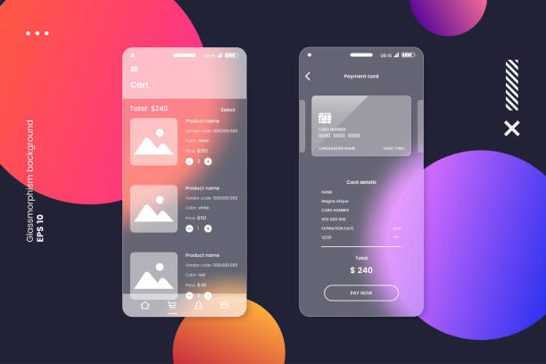 UI UX screens kit in glassmorphism style. Smartphone screen with glass overlay effect isolated on abstract background. Mockup for mobile app presentation. Vector illustration UI UX screens kit in glassmorphism style. Smartphone screen with glass overlay effect isolated on abstract background. Mockup for mobile app presentation. Vector illustration application mobile stock illustrations