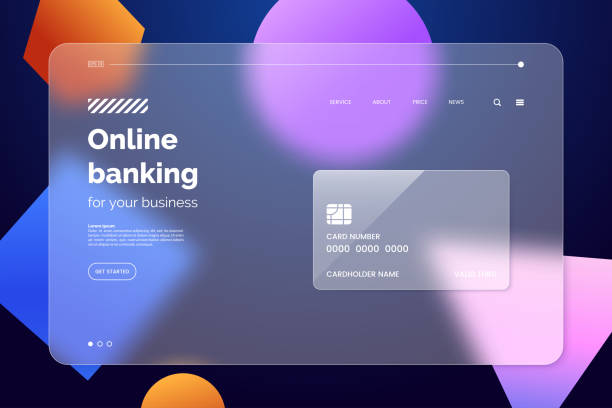 szablon landing page w stylu glassmorphism. poziomy ekran strony internetowej z efektem szklanej nakładki izolowanym na abstrakcyjnym tle. koncepcja bankowości internetowej. ilustracja wektorowa. - graficzny interfejs użytkownika stock illustrations