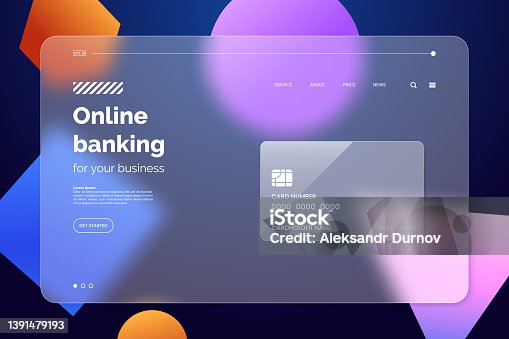 istock Landing page template in glassmorphism style. Horizontal Website screen with glass overlay effect isolated on abstract background. Online banking concept. Vector illustration. 1391479193