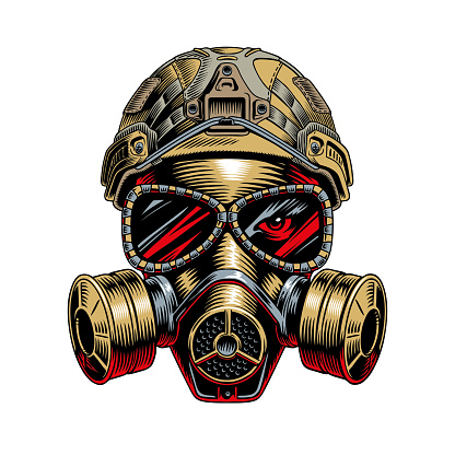 Gas mask and military tactical helmet isolated on white background. Chemical weapon or biohazard concept. Vector illustration.