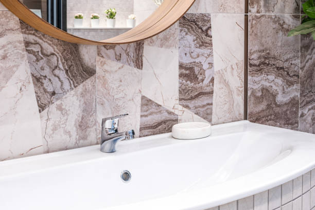 istock Bathroom interior with sink and faucet. 1391485241