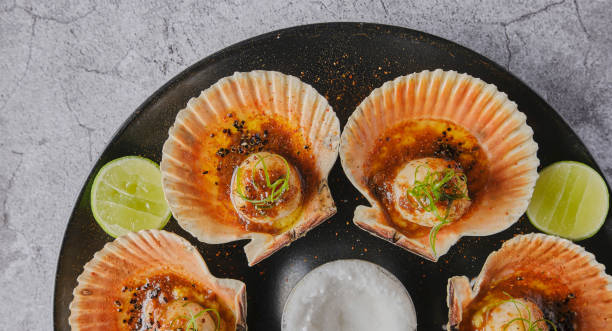 istock Scallops with flamed shells on a black plate. Luxury restaurant food. Seafood, selective focus. 1391487699