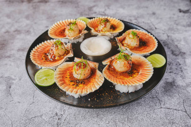 istock Scallops with flamed shells on a black plate. Luxury restaurant food. Seafood, selective focus. 1391487731