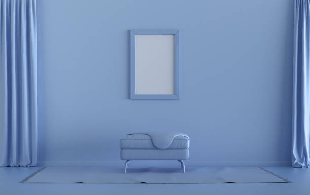 istock Single Frame Gallery Wall in light blue monochrome flat room with ottoman puff 1391488717