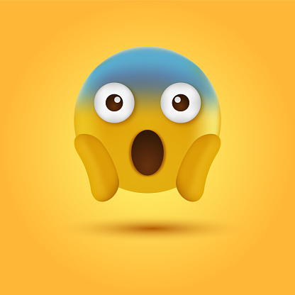 3d Emoji Face Screaming in Fear holding the face, shocked emoticon holding head, open mouth, hands pressed on cheeks and a pale blue forehead, surprised emotion character
