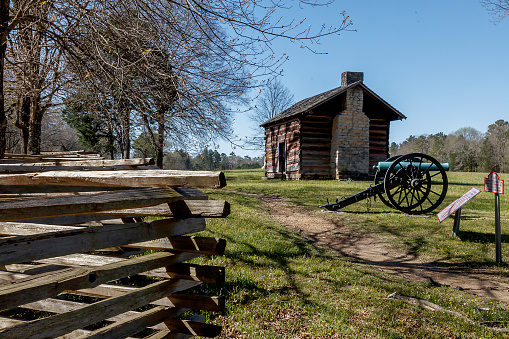 Scenic view of Chickamauga National Military Park showing Brotherton Cabin canon in the park photographs taken April 2022