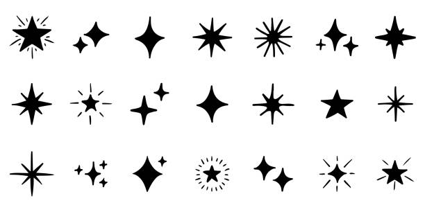 ilustraciones, imágenes clip art, dibujos animados e iconos de stock de conjunto de símbolos de destellos dibujados a mano aislados sobre fondo blanco. ilustración vectorial de doodle. - forma de estrella
