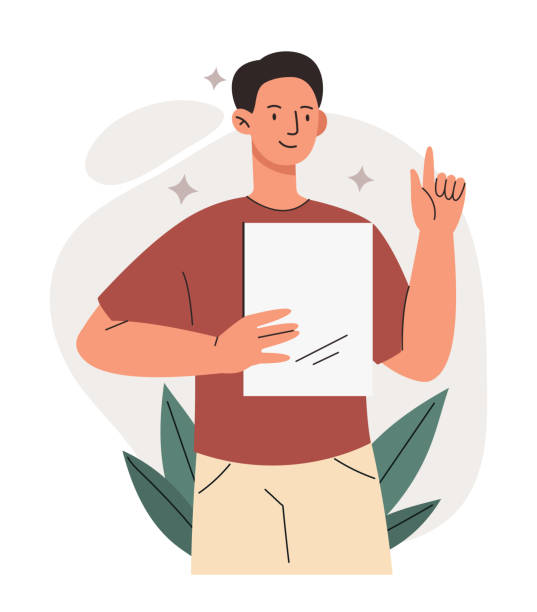 Man holding blank paper concept Man holding blank paper concept. Male entrepreneur with document in his hands comes up with new ideas for business and solves problems. Successful employee of company. Cartoon flat vector illustration man presentation stock illustrations