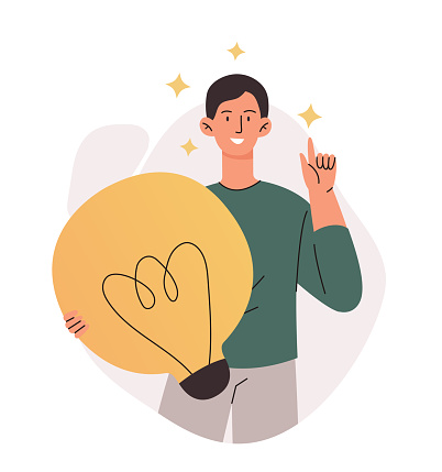 Businessman with light bulb concept. Creative entrepreneur develops ideas, solves problems and promotes company. Successful employee comes up with innovations. Cartoon flat vector illustration