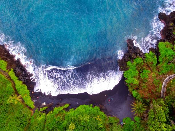 Black Sand Beach from Sky Maui Black Sand Beach Ariel View black sand stock pictures, royalty-free photos & images