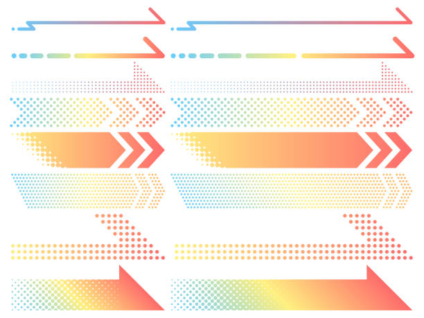 zestaw ilustracji o różnej szerokości kolorowych strzałek w stylu cyfrowym - dot gain obrazy stock illustrations