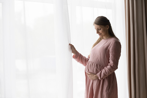 Dreamy peaceful young pregnant woman standing near window, thinking of future labor or meeting with newborn baby, successful IVF procedure, healthy pregnancy, happy destiny, new life creation concept.