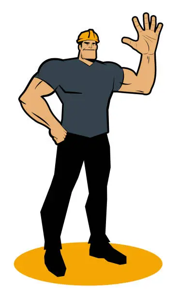Vector illustration of A strong worker with a hard hat smiles with one fist on his hip and gestures a hand sign of Counting Five