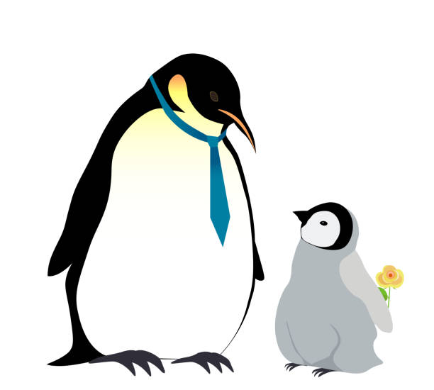 Happy Father's Day. Dad penguin and baby. The yellow flowers that do not bloom in Antarctica are very valuable. The little chick presented it to his dad penguins. funny fathers day stock illustrations