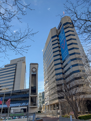 Bethesda, USA - March 26, 2022. Street view of  downtown Bethesda, Maryland, USA