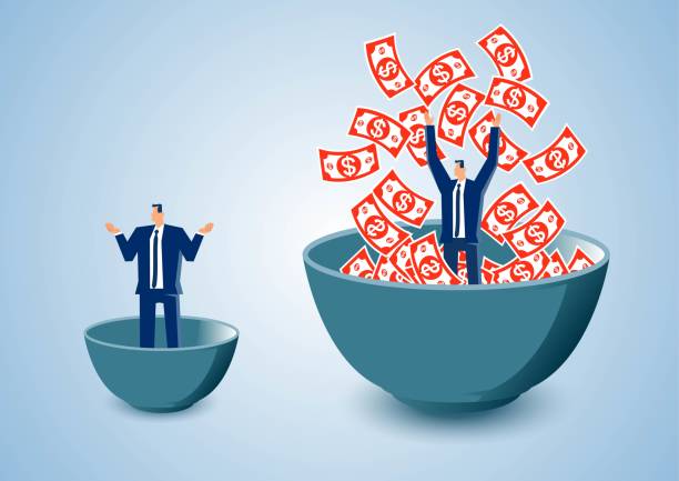 Poor businessman standing in small bowl and rich businessman standing in big bowl, huge gap between rich and poor. Poor businessman standing in small bowl and rich businessman standing in big bowl, huge gap between rich and poor. begging currency beggar poverty stock illustrations