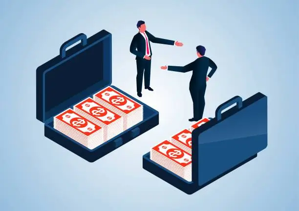 Vector illustration of Isometric Two businessmen gesturing introducing each other while standing near suitcases full of banknotes