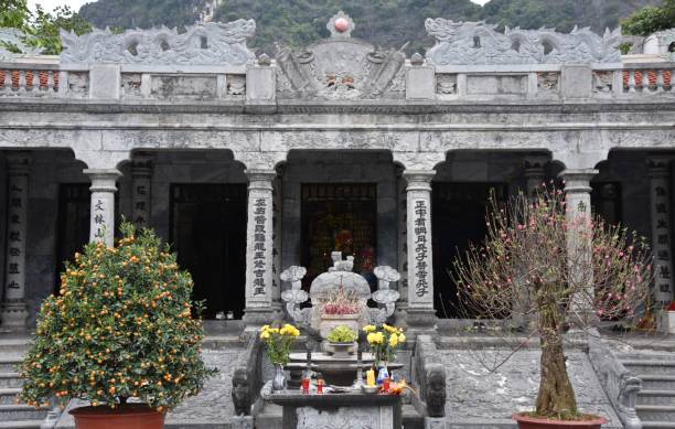 Inner Shrine with Kumquats and Flowers, Thai Vi Temple stock photo