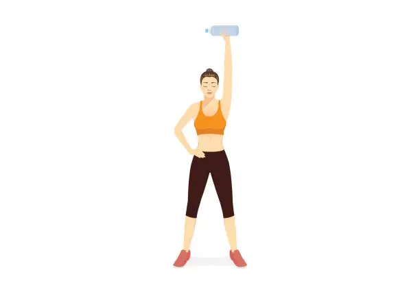 Vector illustration of Women in akimbo pose doing Fitness. she substitutes a water bottle for Dumbbell. Exercise training with Single Arm Overhead Press Dumbbell position at home.