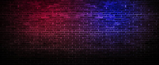 black brick wall background rough concrete with neon lights and glowing lights. - dark pink imagens e fotografias de stock