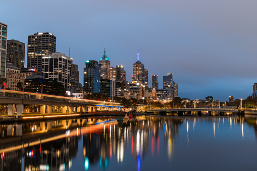 Melbourne, Australia - April 3, 2022: Night view of Melbourne CBD skyline from King Street Bridge.