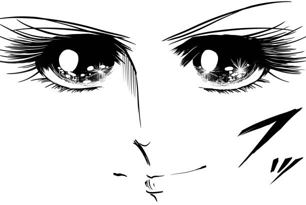 schwarz-weiß-illustration der schönen shoujo-manga-hauptfigur der 70er jahre, die mit frischem ausdruck lächelt. - prince charming stock-grafiken, -clipart, -cartoons und -symbole