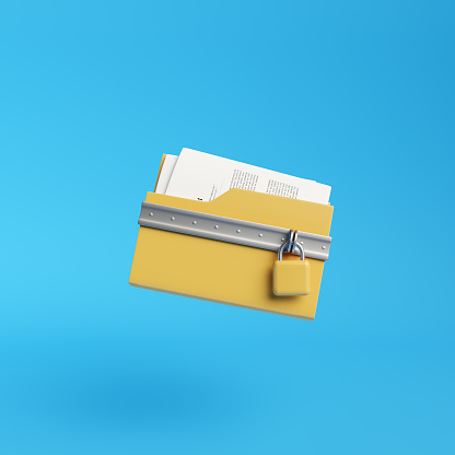 Padlock on folder with files. Data security. Safe confidential information in folder. Icon of computer folder access closed. 3d illustration. 3d render.