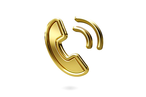 Light shiny on 3d gold phone icon isolated on white background. Gold texture, 3D Rendering.