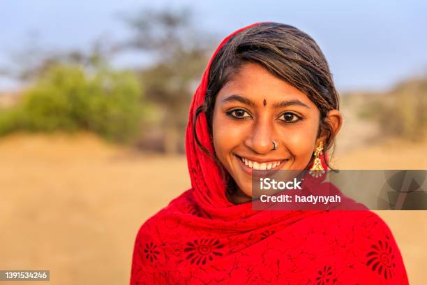 Portrait Of Happy Indian Girl In Desert Village India Stock Photo - Download Image Now