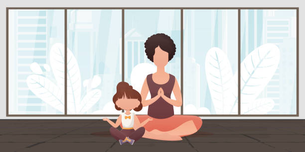 mama und kleine tochter meditieren zusammen in der lotusposition. design im cartoon-stil. vektorillustration. - yoga good posture women little girls stock-grafiken, -clipart, -cartoons und -symbole