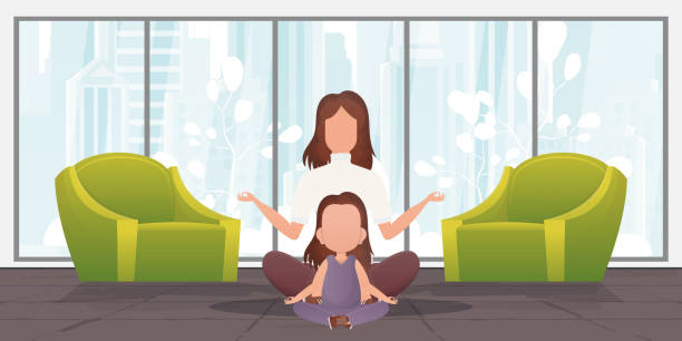 mama und kleine tochter machen zusammen yoga. cartoon-stil. vektor. - yoga good posture women little girls stock-grafiken, -clipart, -cartoons und -symbole